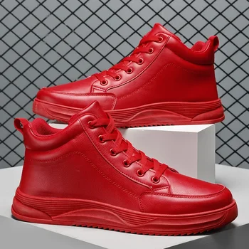 Пара красных мужских повседневных кроссовок, модная мужская обувь с высоким берцем, большой размер 46, уличная одежда в стиле хип-хоп, обувь для скейтборда, мужская обувь на платформе