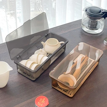 Прозрачная коробка для хранения чайного сервиза, чашки с крышкой и сливом, пылезащитный держатель столовых приборов для кухни