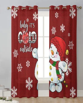 Рождественский красный снеговик, занавеска со снежинками, тюлевые занавески для гостиной, обработка кухонных окон, вуалевые занавески