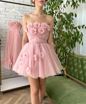 Розовое платье для выпускного вечера с 3D деколью в виде цветка, мини-платье без рукавов, тюлевые складки, вечерние платья принцессы, вечерние платья для встречи выпускников с Zippe