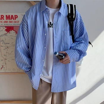 Рубашка Мужская Весенне-Осенняя Новая Корейская Модная Куртка В Крупную Свободную Полоску С Контрастной Повседневной Подкладкой Из Натуральной Кожи A162