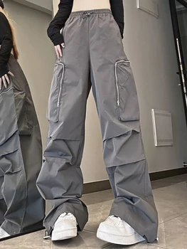 Серые уличные брюки-карго, женские карманы, мешковатые брюки в корейском стиле, женские дизайнерские повседневные брюки на резинке, новинка 2023 года