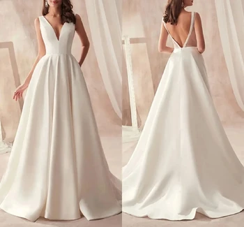 Стильное простое роскошное свадебное платье А-силуэта, сексуальное платье с глубоким V-образным вырезом и открытой спиной, элегантное женское романтическое пляжное свадебное платье для новобрачных