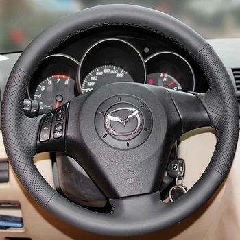 Сшитый вручную чехол на руль автомобиля из черной натуральной кожи для Mazda 3 Axela 2004-2009 Mazda 5 Mazda 6 Atenza Mazda MPV