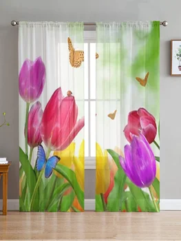 Тюльпан с бабочкой, прозрачные занавески, Вуалевая занавеска для спальни, Прозрачные занавески на окне гостиной, тюлевые шторы для кухни
