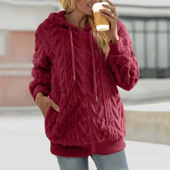 Флисовый Зимний Повседневный женский однотонный Жаккардовый пуловер с длинными рукавами и завязками, топы, свитера с капюшоном