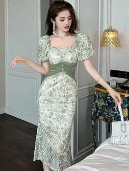 Французские Сладкие Зеленые Миди-Платья для Женщин с Пузырчатым Рукавом, Туловая Газовая Вышивка, Изысканный Кружевной Халат Femme Party Banquet Vestidos
